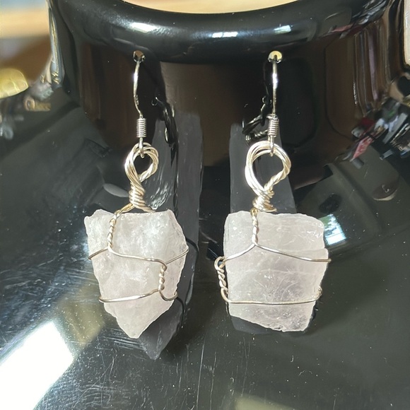 Jewelry - Rose Quartz 925 Stamped Sterling Silver Raw Earrings